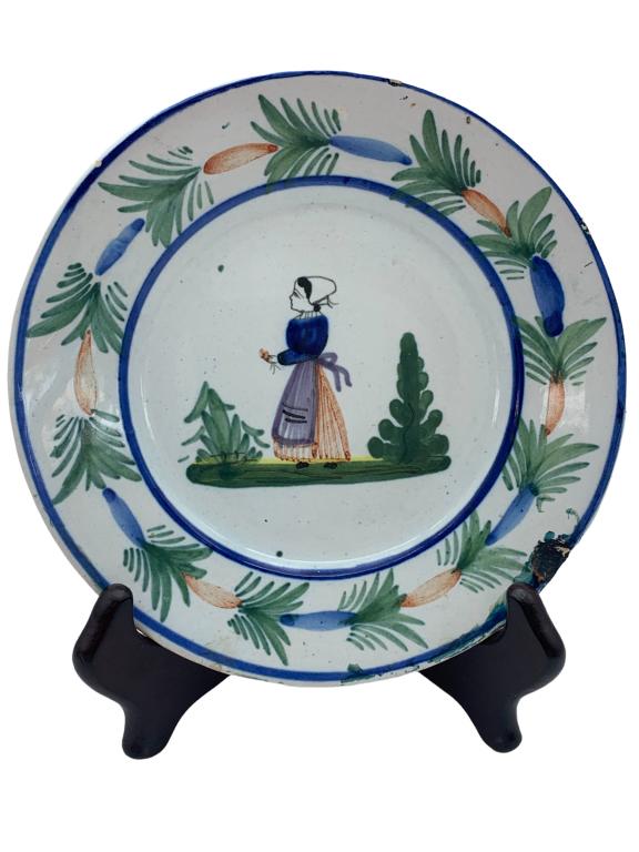 ANTIQUE SIGNED FRENCH FAIENCE QUIMPER FEMALE PLATE (1 of 4)
