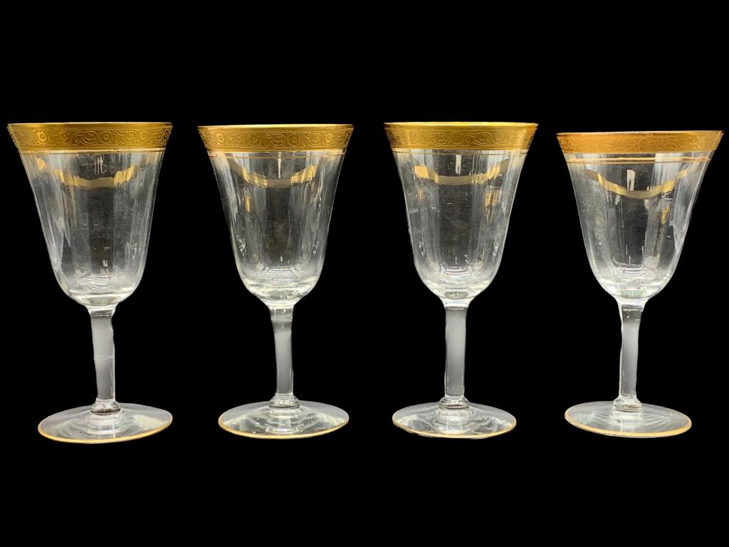 4 VTG GLASTONBURY GOLD LEAF LARGE WINE GOBLETS: 4 VTG GLASTONBURY GOLD LEAF LARGE WINE GOBLETS- Over 6.25" Tall- Good Pre-Owned Condition Wear Consistent with Age and Use (See Photos)- Note: Some Wear to Gold Leaf (See Photos)- JB51222