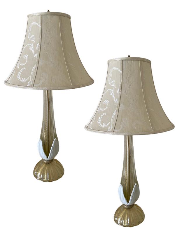 PAIR OF BAROVIER STYLE MURANO GLASS LAMPS 35": PAIR OF MID CENTURY MURANO GLASS LAMPS WITH GOLD OPALESCENT DETAIL | BAROVIER AND TOSO STYLE ITALIAN ART GLASS LAMP LIGHTING-35" X 7" DIAMETER APPROX -13" X 17" DIAMETER TO SHADE-VERY GOOD OVERALL CON