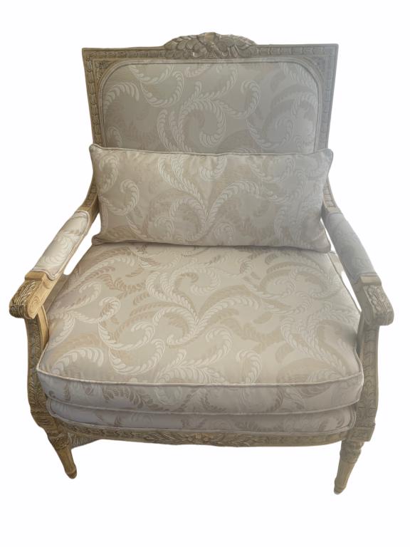 CASA STRADIVARI CREAM COLORED DAMASK ARM CHAIR: CASA STRADIVARI CREAM COLORED DAMASK ARM CHAIR - (1 OF 2) -VERY GOOD CONDITION-39 X 28 X 25