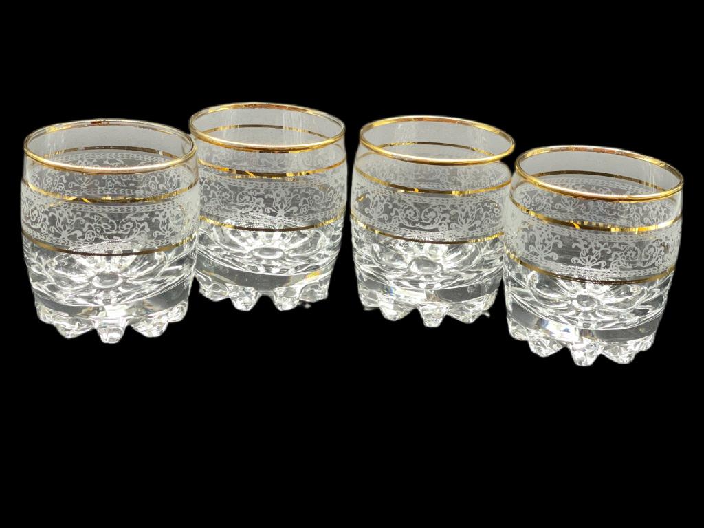 VTG REGENCY CRYSTAL ETCHED & GOLD ROCK GLASSES: VTG REGENCY CRYSTAL ETCHED & GOLD ROCK GLASSES -3 1/4" T
