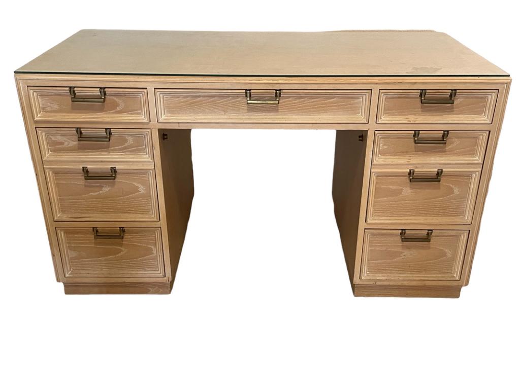 DREXEL FURNITURE BLEACHED WOOD DESK 54": DREXEL FURNITURE BLEACHED WOOD DESK WITH CUSTOM GLASS TOP -30" X 54" X 26" APPROX -GOOD OVERALL CONDITION, WEAR CONSISTENT WITH AGE AND LIGHT USE, SEE PHOTOS-DP51322