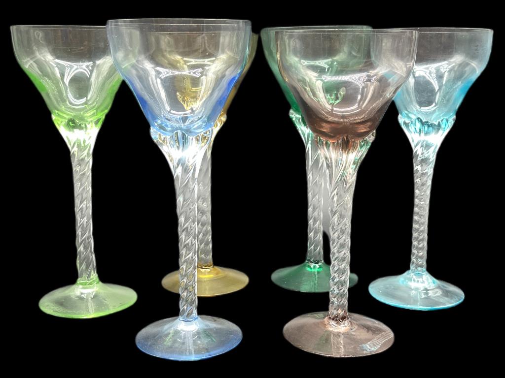 6 MULTI COLORED CLEAR TWISTED STEM WINE GLASSES: VTG 6 MULTI COLORED CLEAR TWISTED STEM WINE GLASSES -7 1/4"