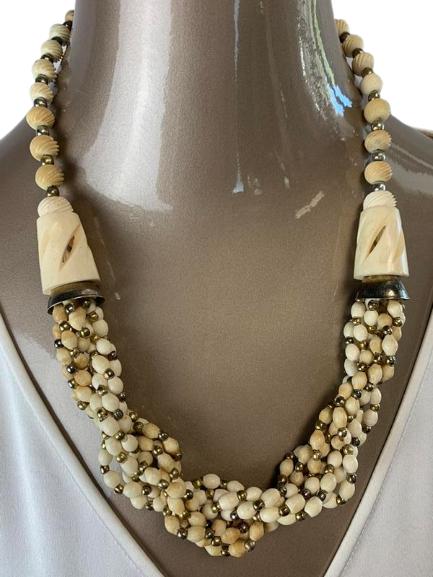 CARVED BONE AND BEAD NECKLACE: CARVED BONE NECKLACE WITH ANTIQUE FINISH METAL BEADS- Hand Carved Conical Bone Beads- Antique Gold Tone Metal Beads- S Hook Clasp