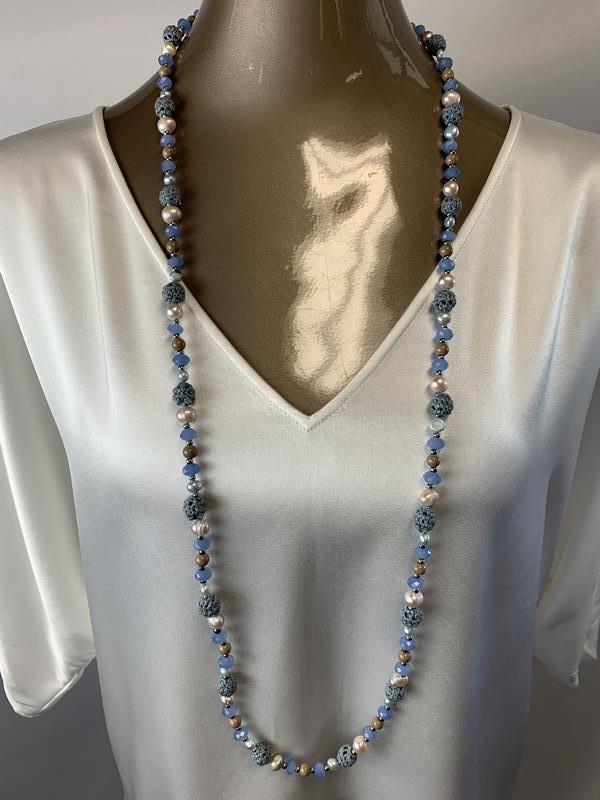 BEAUTIFUL BLUE GLASS & FAUX PEARL NECKLACE: BLUE GLASS, FAUX PEARL & METAL BEAD NECKLACE- Light/Dark Blue Glass Beads with Faux Baroque Style Pearls- Lobster Claw Clasp