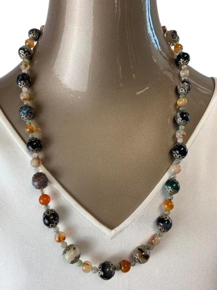GUY LAROCHE MULTI-COLOR NECKLACE: MULTICOLOR GLASS BEAD NECKLACE WITH BRIGHT ACCENTS- Smoky Gray & Topaz Colored Glass Beads- Bright Filagree Bead Accents- Lobster Claw Clasp