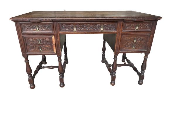 ANTIQUE WOOD DESK 52": ANTIQUE WOOD DESK-29" X 52" X 27" APPROX-GOOD OVERALL CONDITION, MISSING TRIM, SEE PHOTO
