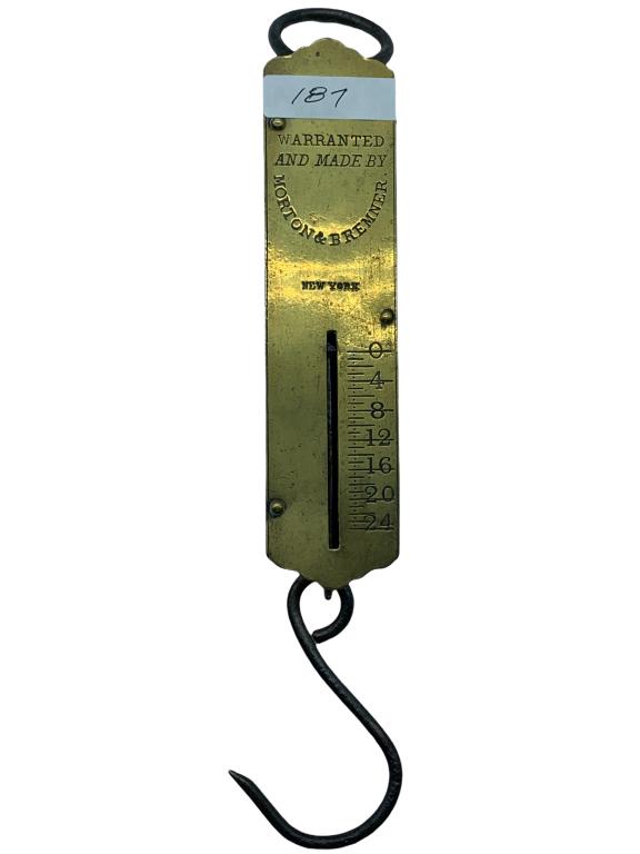VTG NY MORTON & BREMNER BRASS SPRING SCALE: VTG NY MORTON & BREMNER BRASS SPRING SCALE- 10.5" Long- 187- Good Pre-Owned Condition Wear Consistent with Age and Use (See Photos)- JB51622