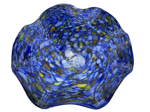 BEAUTIFUL JOZEF ARTISAN BLOWN GLASS WAVY BOWL: BEAUTIFUL JOSEF ARTISAN BLOWN GLASS WAVY BOWL - Various Shades of Yellow, Brown and Blue- Signed by the Artist