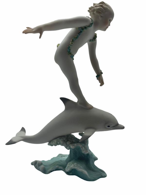 "ALL AT SEA" CYBIS GIRL FIGURINE ON DOLPHIN: "ALL AT SEA" CYBIS GIRL FIGURINE ON DOLPHIN