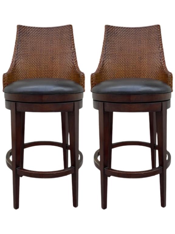 PAIR WOODBRIDGE WOVEN LEATHER SWIVEL BARSTOOLS (1 of 7)