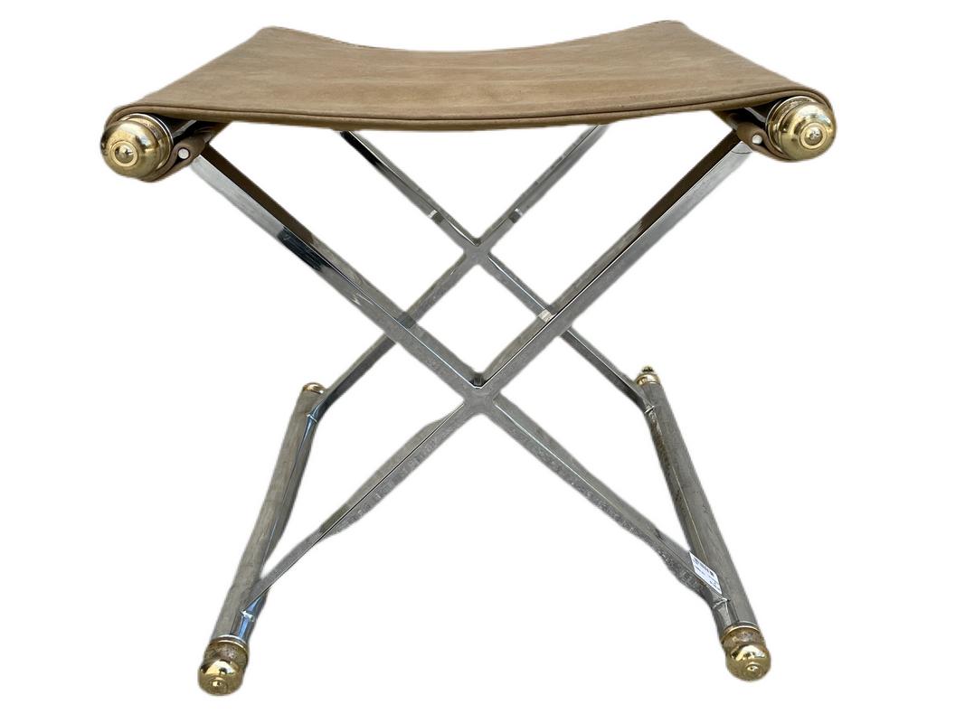 SMALL X BASE CHROME & BRASS STOOL W SUEDE SEAT 16" (1 of 9)