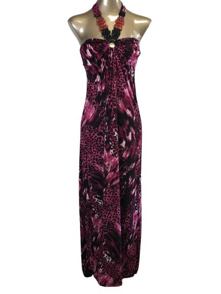 STUNNING FRESH OF LA BEADED HALTER TIE MAXI SIZE M: STUNNING FRESH OF LA BEADED HALTER TIE MAXI SIZE M-NEW WITHOUT TAG-NEVER WORN-HOT PINK ANIMAL PRINT-MADE IN USA