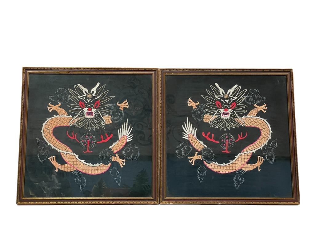 CHINESE DRAGON SILK TAPESTRY STYLE WALL ART, PAIR (1 of 5)