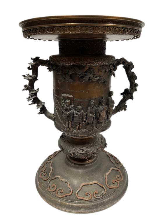 JAPANESE BRONZE ORNATE USUBATA VASE 21.5": VINTAGE MID CENTURY JAPANESE BRONZE ORNATE USUBATA ALTER VASE WITH FIGURAL DEPICTION AND CHERRY BLOSSOM HANDLES-21.5" X 14.5" APPROX-VERY GOOD PRE OWNED CONDITION-DP6722 THIRD PARTY SHIPPING REQUIRED