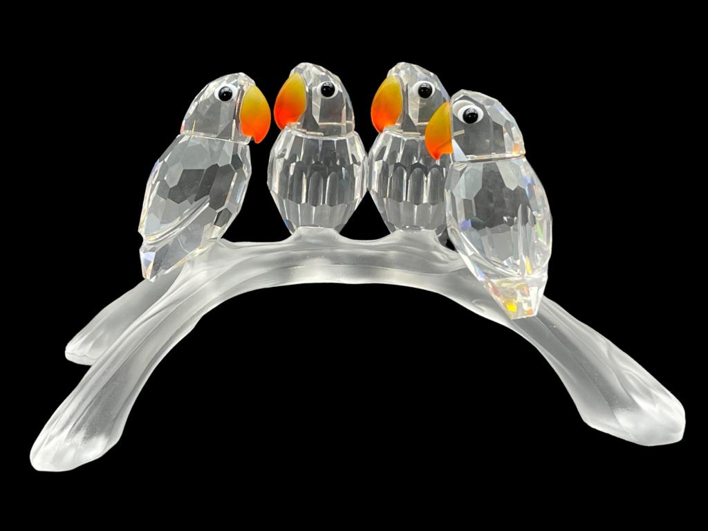 SWAROVSKI CRYSTAL PARROTS ON FROSTED BRANCH (1 of 3)