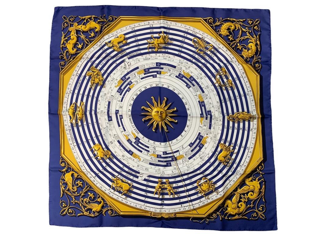 HERMES FRANCOISE FACONNET "DIES ET HORE" SCARF: HermesScarf-Navy/Gold/White Silk-100% Twill Silk-90*90cm-"""Dies et Hore"" by Fran?oise Fa?onnet"- AAT9155-SCARVES HAVE BEEN AUTHENTICATED AND COAS ARE AVAILABLE THIRD PARTY SHIPPING OR LOCAL PICKUP R