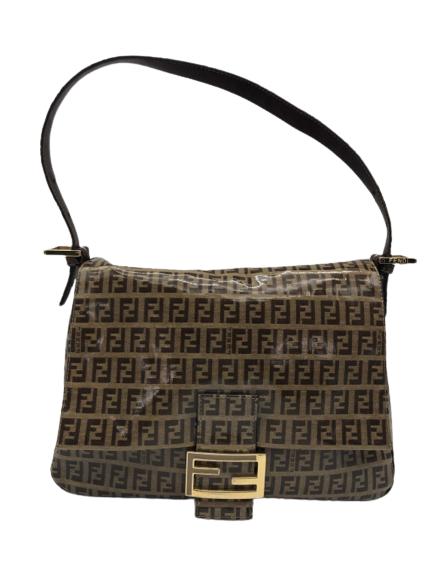 FENDI MAMMA BAGUETTE ZUCCA HANDBAG: Fendi Mamma Baguette-Dark Beige/BrownCoated Canvas-Zucca Patent Coated Canvas-Dark Beige/Brown Leather-28*21*11,5cm-2384-26325-018- AAU0277-ALL BAGS HAVE BEEN AUTHENTICATED AND COAS ARE AVAILABLE THIR
