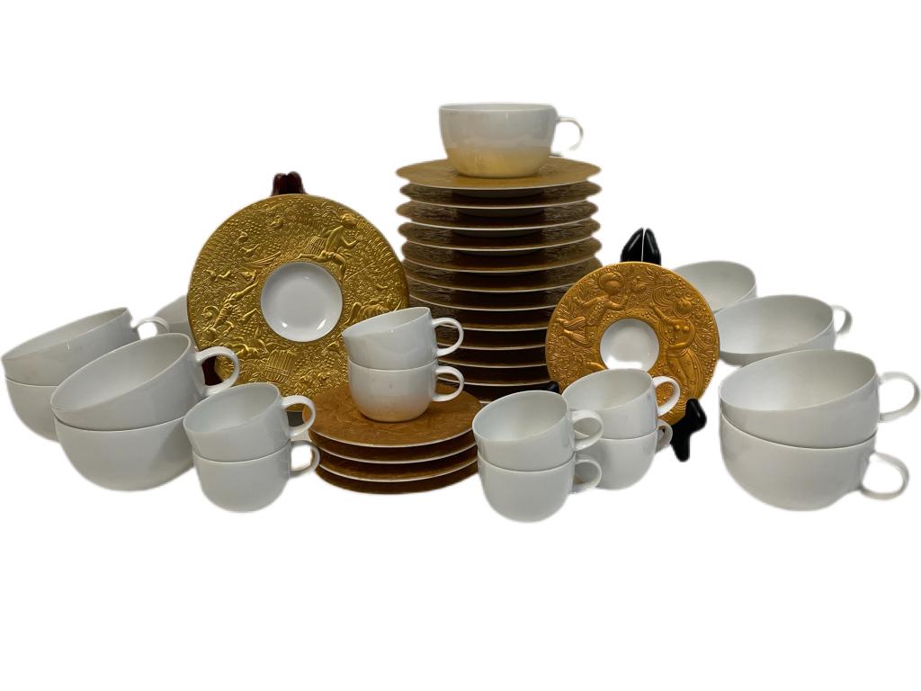 ROSENTHAL MAGIC FLUTE SARASTRO TEA AND COFFEE SET: ROSENTHAL MAGIC FLUTE SARASTRO SERVICE FOR 12-MAGIC FLUTE SARASTO -13 COFFE CUP LINER SAUCERS 6" APPROX-13 MAGIC FLUTE COFFEE TEA CUPS -5 MAGIC FLUTE DEMATISSE ESPRESSO SAUCER 4.75"-8 ESPRESSO CUPS-VE