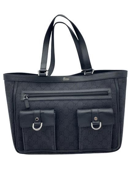 GUCCI BLACK MONOGRAMMED ABBEY POCKET MEDIUM TOTE: Gucci Abbey Pocket Medium Tote- Black Canvas- Monogram Denim Canvas- Black Leather Straps- Silver Hardware- 30*24*8cm- 268639-491403ALL BAGS HAVE BEEN AUTHENTICATED - AAT2874 THIRD PARTY SHIPPING OR L