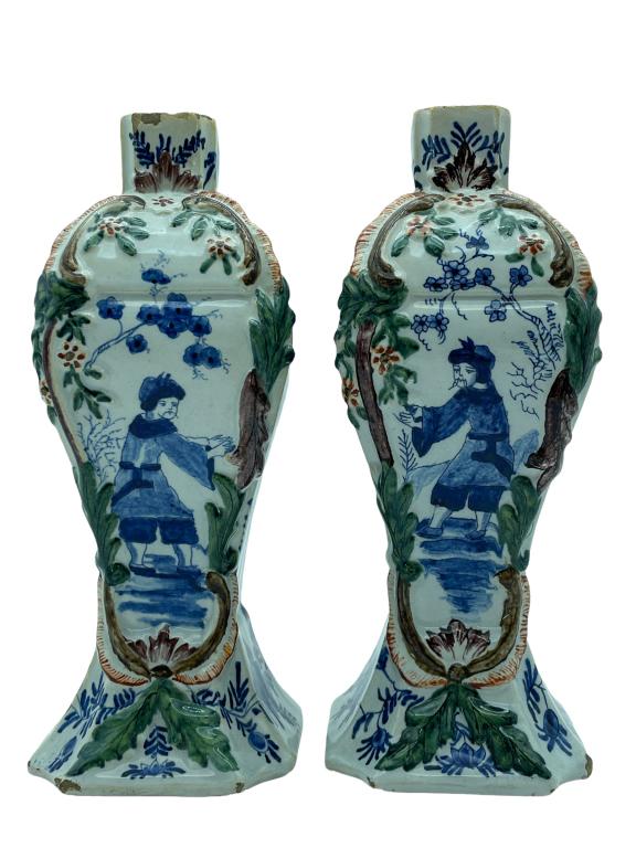 ASIAN CERAMIC BLUE & WHITE CANDLESTICKS 12" PAIR: PAIR OF ANTIQUE STYLE ORIENTAL ASIAN CERAMIC CANDLESTICKS WITH MEN HARVESTING HAND PAINTED BLUE & WHITE-12" X 3" X 3" APPROX-PRE OWNED CONDITION, MINOR WEAR AND LOSS OF MATERIAL-DP62022 THIRD PARTY SH