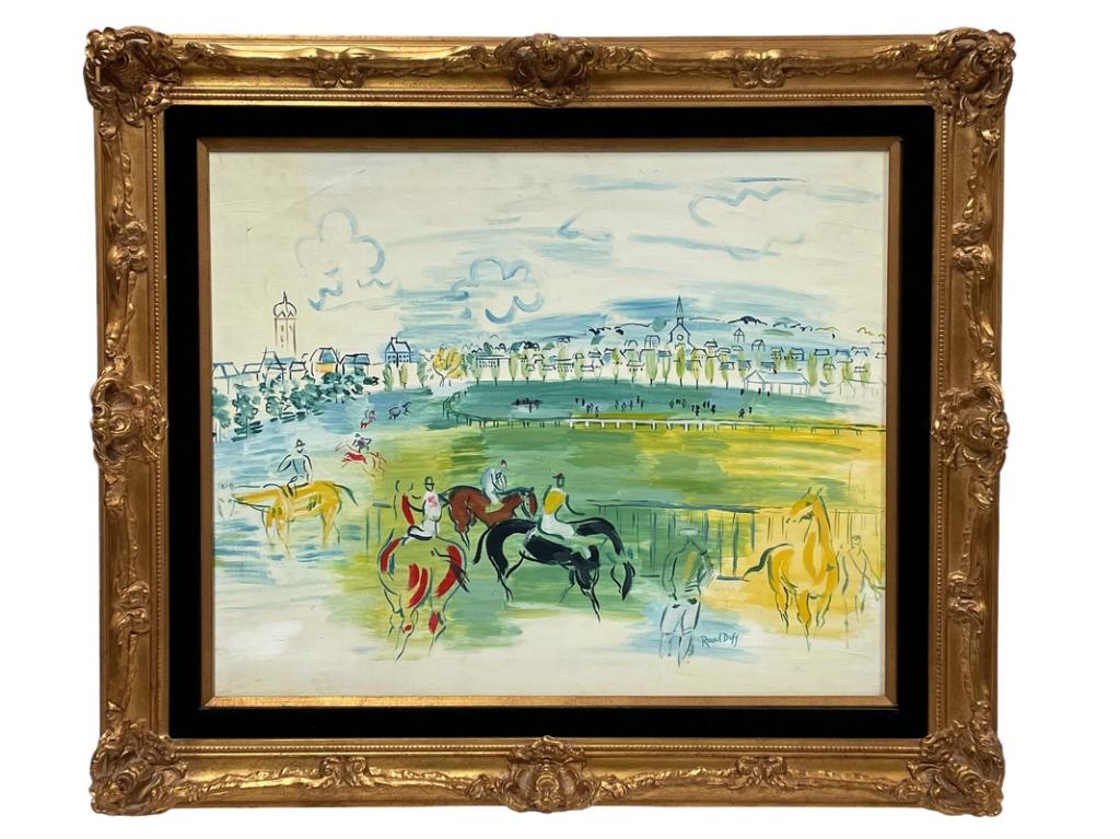 AFTER RAOUL DUFY HORSE RACING PAINTING BY ELMYR: AFTER RAOUL DUFY "VENICE" EQUESTRIAN HORSE RACING PAINTING BY ELMYR | EPSOM STYLE WATERCOLOR CHATEAU AND HORSES FRONT OF THE GRANDSTAND MID CENTURY ART-30" X 35" TO FRAME-22" X 27" TO CANVAS-VERY GOOD