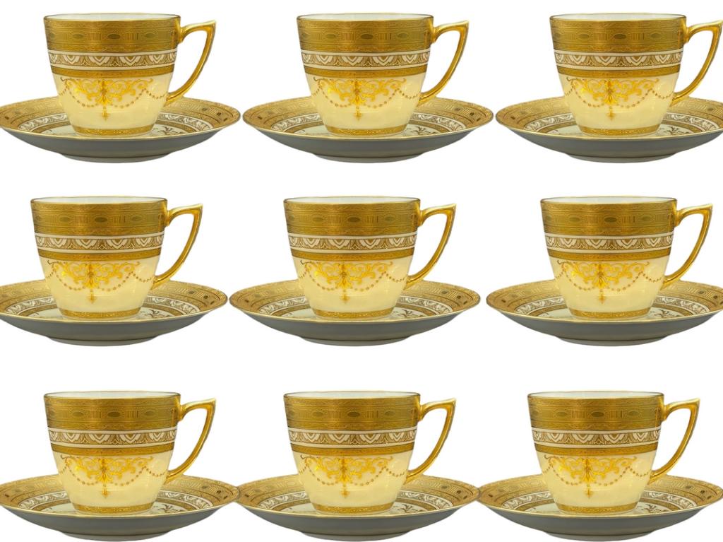 SET OF 9 TATMAN CHICAGO ESPRESSO CUPS & SAUCERS: SET OF 9 TATMAN CHICAGO ESPRESSO CUPS & SAUCERS | COLLECTIBLE MADE IN ENGLAND SPODE STYLE HOME DECOR- INTRICATE GOLD PATTERN-GOOD PRE OWNED CONDITION, REPAIR TO ONE HANDLE, MINOR WEAR CONSISTENT WITH 