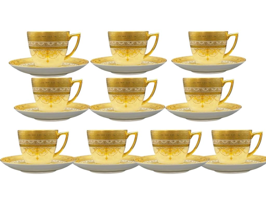 SET OF 9 TATMAN CHICAGO ESPRESSO CUPS & SAUCERS: SET OF 10 TATMAN CHICAGO ESPRESSO CUPS & SAUCERS | COLLECTIBLE MADE IN ENGLAND SPODE STYLE HOME DECOR- INTRICATE GOLD PATTERN-PRE OWNED CONDITION, CHIPS AND CRACKS, DISCOLORATION THIRD PARTY SHIPPING 