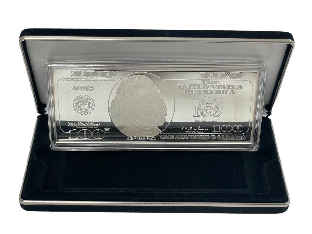 1997 $100 Franklin 1/4 Lb. Silver Proof Bar In Box