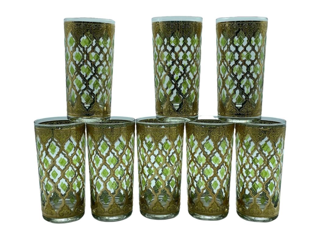 8 VTG CULVER 22KT VALENCIA HIGHBALL GLASSES 5.5": SET OF 8 VINTAGE MID CENTURY CULVER HIGHBALL COLLINS GLASSES WITH 22 KARAT GOLD VALENCIA DESIGN | COLLECTIBLE MID MOD BARWARE -5.5" HEIGHT APPROX EACH-VERY GOOD PRE OWNED CONDITION