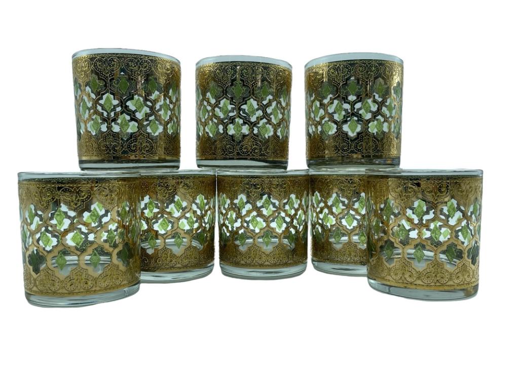 8 VTG CULVER 22KT VALENCIA ROCKS GLASSES 3.5": SET OF 8 VINTAGE MID CENTURY CULVER WHISKEY ROCKS GLASSES WITH 22 KARAT GOLD VALENCIA DESIGN | COLLECTIBLE MID MOD BARWARE-3.5" HEIGHT APPROX EACH-VERY GOOD PRE OWNED CONDITION