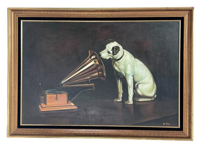 AFTER BARRAUD HIS MASTERS VOICE OIL PAINTING 41": AFTER FRANCIS JAMES BARRAUD " HIS MASTER'S VOICE" OIL PAINTING | COLLECTIBLE RCA PHONOGRAPH NIPPER THE DOG -SIGNED BOTTOM RIGHT D. FOX-29" X 41" APPROX TO FRAME-GOOD PRE OWNED CONDITION, WEAR TO FRAME