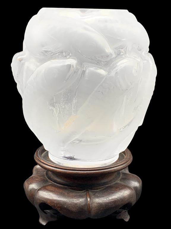 VINTAGE BACCARAT KOI FISH CANDLE VOTIVE WOOD BASE: VINTAGE BACCARAT KOI FISH CANDLE VOTIVE WOOD BASE- Made in France- Wooden Base Pedestal- Good Used Condition Wear Consistent with Age and Use (See Photos)