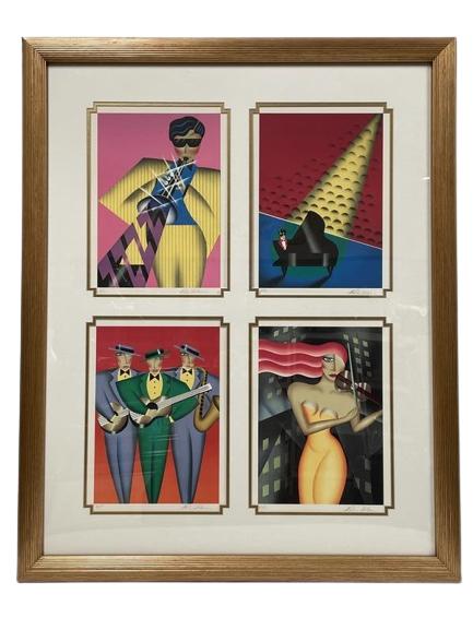 ROBIN MORRIS RYTHYM & BLUES 4 PRINT SET FRAMED: ROBIN MORRIS "RYTHYM & BLUES" 4 PRINT SET FRAMED-41" X 33" TO FRAME ( 13.5" X 9.5" TO ART EACH)- EACH PENCIL SIGNED & MARKED HC-VERY GOOD PRE OWNED CONDITION-DP6622 THIRD PARTY SHIPPING REQUIRED ON AL