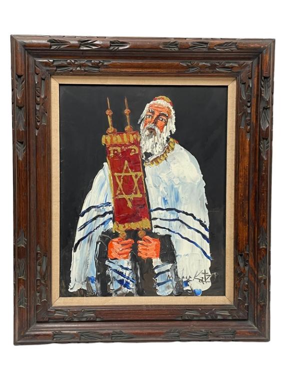 MORRIS KATZ RABBI OIL PAINTING 28": JUDAICA OIL ON BOARD RABBI PAINTING BY MORRIS KATZ-28" X 24" APPROX TO FRAME-GOOD PRE OWNED CONDITION WEAR TO FRAME-DP6622