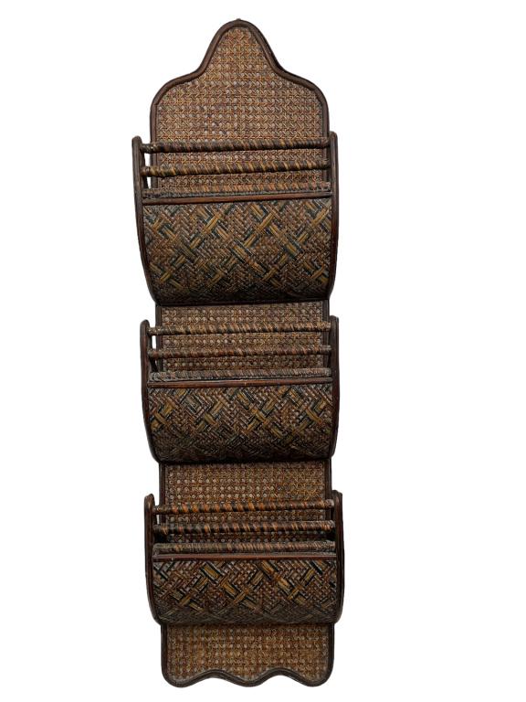 VTG BAMBOO RATTAN CANE 3 TIER LETTER HOLDER 45": VINTAGE COASTAL MODERN 3 TIER BAMBOO RATTAN CANE LETTER ORGANIZER WICKER WALL ORGANIZER MAIL HOLDER -45" X 12" X 5" APPROX- GOOD PRE OWNED CONDITION, MINOR WEAR, MINOR SEPERATION-DP6822 THIRD PARTY SH