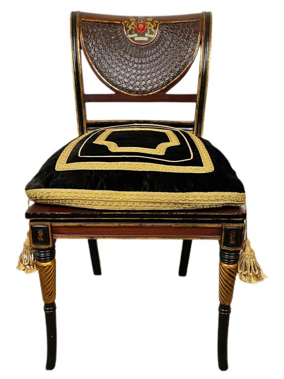 VTG CLIVE CHRISTIAN ENGLISH HAND PAINTED CHAIR 35": VINTAGE CLIVE CHRISTIAN ENGLISH HAND PAINTED GEORGIAN REGENCY SIDE CHAIR WITH COAT OF ARMS-FAN WICKER BACK-VELVET AND GOLD TASSELLED SAET CUSHION-35" X 17" X 18" APPROX-VERY GOOD OVERALL CONDITION, WE