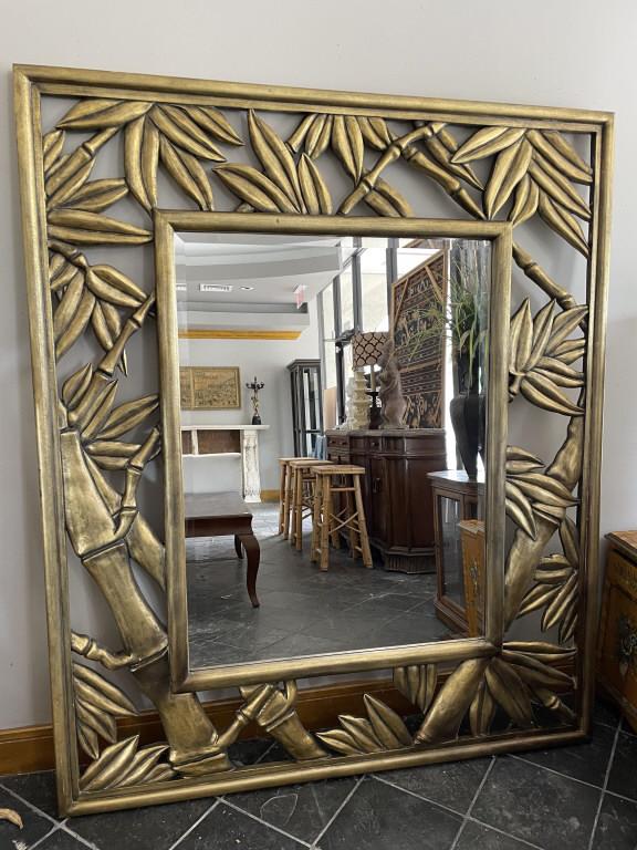 MONUMENTAL LA BARGE STYLE FAUX BAMBOO MIRROR 76": MONUMENTAL LA BARGE STYLE FAUX BAMBOO PALM FROND MIRROR | TRADITIONAL COASTAL MODERN HOME DECOR -76" X 63.5" APPROX-VERY GOOD VINTAGE CONDITION, WEAR, SEE PHOTOS
