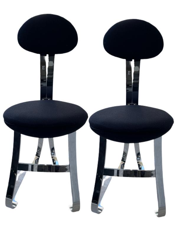 POST MODERN MILO BAUGHMAN STYLE BAR STOOLS, PAIR: POST MODERN STEEL CASED BAR STOOLS | MILO BAUGHMAN STYLE HOME DECOR COUNTER STOOLS ISLAND SEATING-39" X 16" X 20" APPROX-SEAT HEIGHT 25.5" APPROX--VERY GOOD OVERALL CONDITION WEAR CONSISTENT WITH AGE