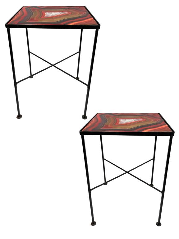 PAIR OF FREDERICK WEINBERG MID MOD SIDE TABLES 17": PAIR OF FREDERICK WEINBERG STYLE MID CENTURY MODERN TILE TOP SIDE TABLES | MID CENTURY MODERN EAMES ERA VINTAGE FURNITURE PAUL McCOBB STYLE TABLES-17" X 12" X 12" APPROX-METAL LEGS & SUPPORTS TILE TOP