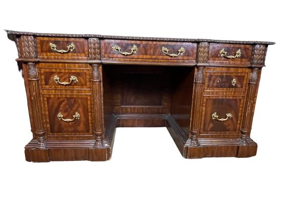 VTG MAITLAND SMITH NEOCLASSIC MAHOGANY DESK 62": VINTAGE MAITLAND SMITH NEOCLASSIC MAHOGANY DESK WITH LEATHER TOP - 31" X 62" X 32" APPROX - GOOD OVERALL CONDITION WEAR CONSISTENT WITH AGE AND USE - EH31622