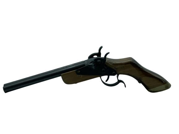 VINTAGE WOOD & METAL DBL BARRELL TOY CAP GUN 12": VINTAGE 1950'S STYLE WOOD & METAL DOUBLE BARRELL FLINT STOCK TOY CAP GUN-12"-PRE OWNED CONDITION, MISSING SCREW, WEAR-DP62822 THIRD PARTY SHIPPING REQUIRED ON ALL ITEMS. A list of shippers can be foun