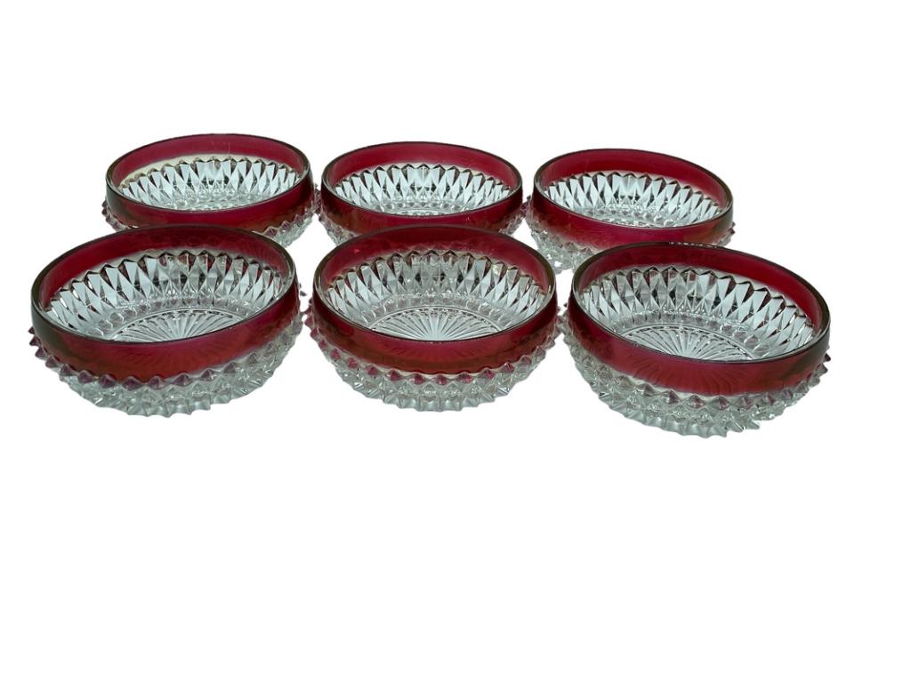 6 INDIANANA GLASS DIAMOND POINT RUBY RED RIM BOWLS: SET OF 6 1960s INDIANA GLASS CO CLEAR PRESSED DIAMOND POINT GLASS WITH RUBY RED FLASH TRIM BOWLS-5" DIAMETER APPROX EACH-GOOD PRE OWNED CONDITION THIRD PARTY SHIPPING REQUIRED ON ALL ITEMS. A list of 