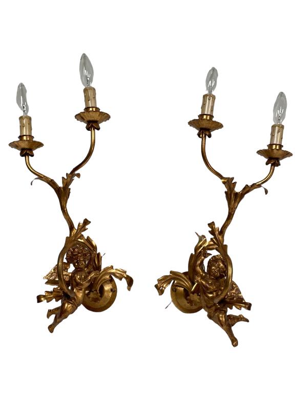 PAIR OF GOLD GILT CHERUB WALL SCONCES: PAIR OF GOLD GILT CHERUB WALL SCONCES / ELECTRIC CANDLE WALL LIGHTS | REGENCY STYLE LIGHTING HOME DECOR-GOOD PRE OWNED CONDITION-DP6122 THIRD PARTY SHIPPING REQUIRED ON ALL ITEMS. A list of shippers c