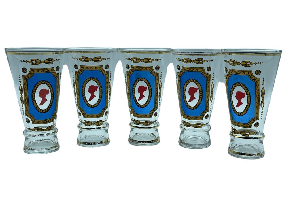 4 VTG CULVER STYLE SILHOUETTE PILSNER GLASSES: SET OF 4 CULVER STYLE MID CENTURY BLUE & GOLD SILHOUETTE PILSNER DRINKING GLASSES | COLLECTIBLE BARWARE BEER GLASSES-5.5" H APPROX-PRE OWNED CONDITION, MINOR LOSS OF FINISH -DP62222 THIRD PARTY SHIPPI