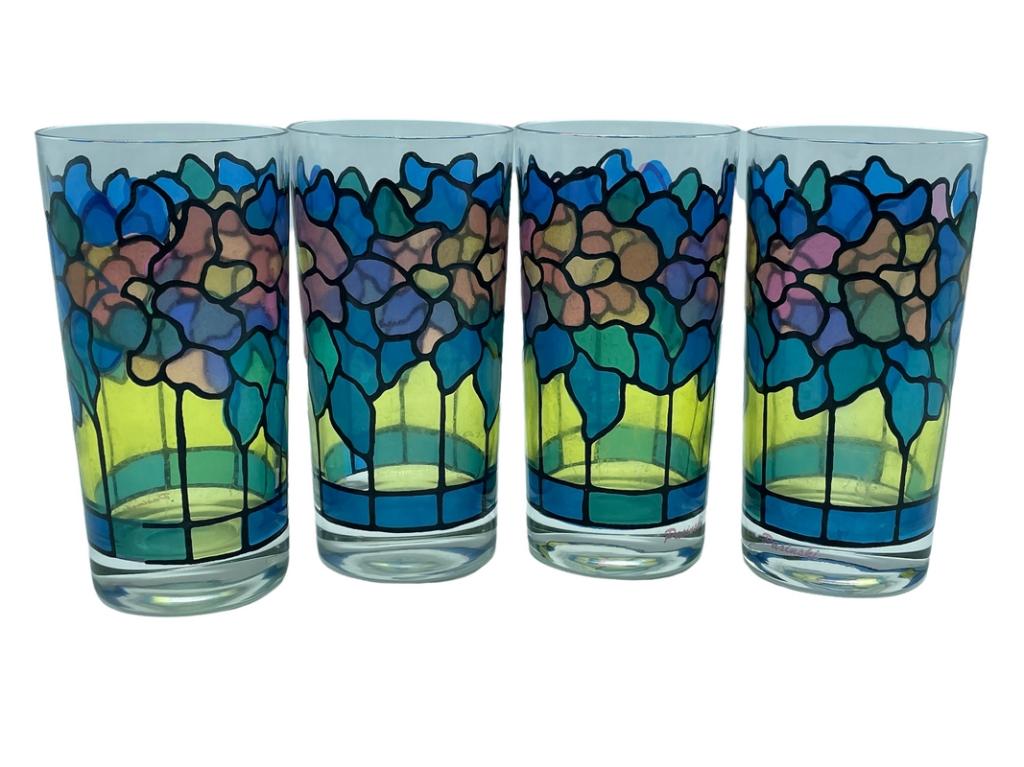 4 1950'S GEORGES BRIARD STYLE HIGHBALL GLASSES: SET OF 4 MID CENTURY 1950'S 1960'S GEORGES BRIARD STAINED GLASS STYLE HIGHBALL DRINKING GLASSES-5.5" APPROX EACH-GOOD PRE OWNED CONDITION, MINOR WEAR CONSISTENT WITH AGE -DP62222