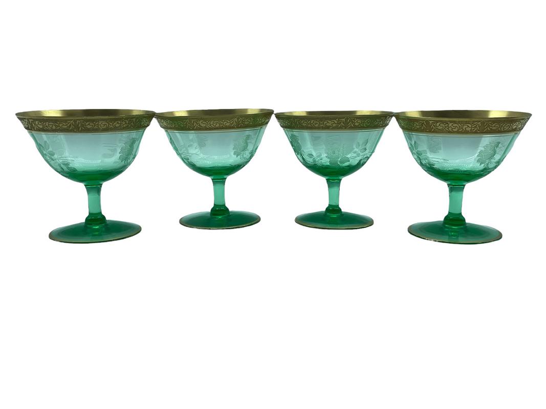 4 ETCHED GREEN W GOLD RIM ST LOUIS STYLE GLASSES (1 of 6)