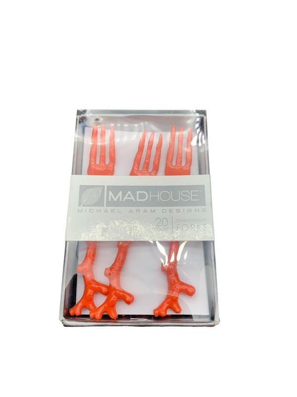 MICHAEL ARAMS DESIGNS CORAL PARTY SERVING FORKS: ORANGE CORAL PARTY SERVING FORKS - NEW IN BOX BRAND IS MADHOUSE MICHAEL ARAM DESIGNS DISHWASHER SAFE AND 20 FORKS INCLUDED