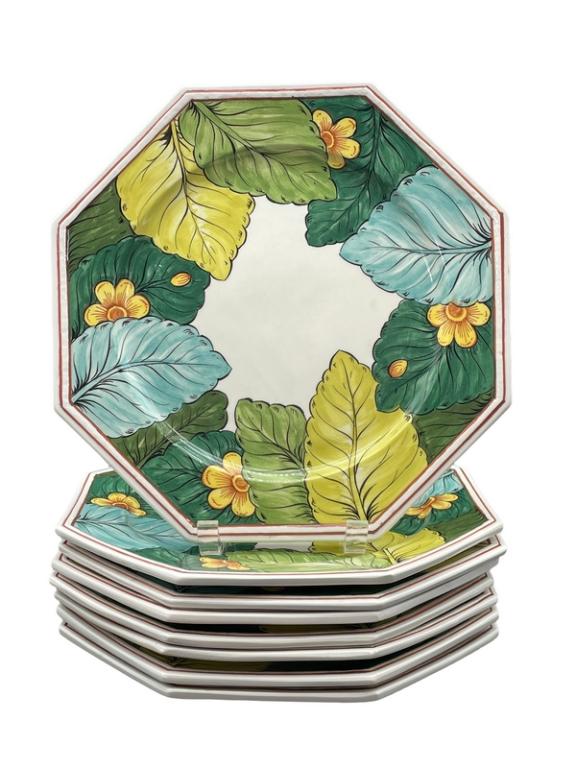 8 COSTA BASSANO ITALIAN CERAMIC PLATES 11": SET OF 8 COSTA BASSANO COSTA FOR VALENTINO ITALIAN CERAMIC PLATES | FLORIDA REGENCY STYLE PALM FROND PALM TREE COASTAL MODERN HOME DECOR-11" APPROX EACH-VERY GOOD PRE OWNED CONDITION -DP7122 THIRD PAR