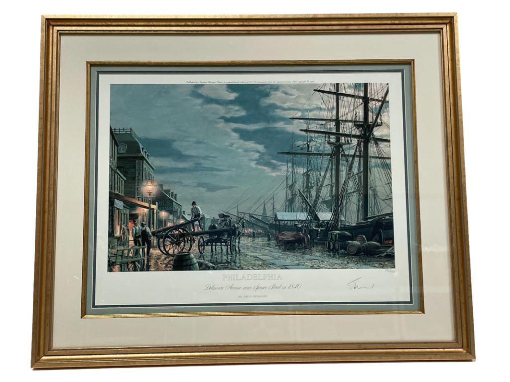 JOHN STOBART PHILADELPHIA SIGNED PRINT 26": JOHN STOBART PHILADELPHIA SIGNED PRINT | COLLECTIBLE TALL SHIPS BOATS NAUTICAL MARINE COASTAL ART AMERICAN NAVAL HISTORY-21.5" X 26" APPROX-DELAWARE AVENUE NEAR SPRUCE STREET 1840-NUMBERED 390 / 950-V